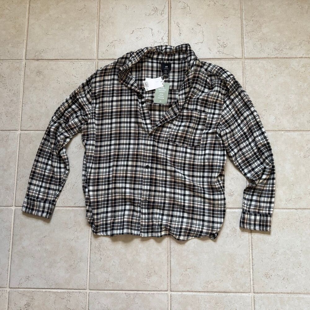 NWT H&M Loose Fit Plaid Flannel Button Down Shirt Brown White Black Size XL